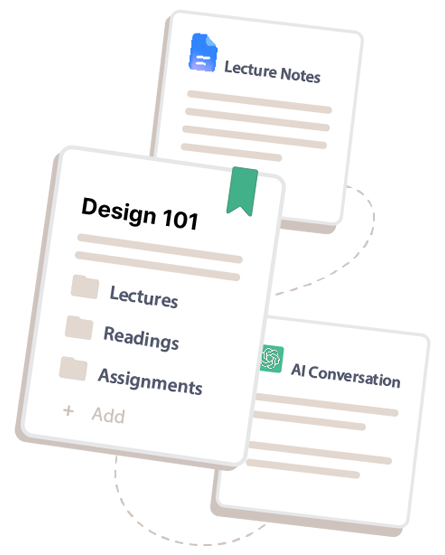 Connected context cards showing files, links, and AI notes gathered around one project.